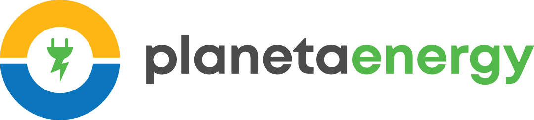 Logomarca da empresa Planeta Energy, na cor branca
