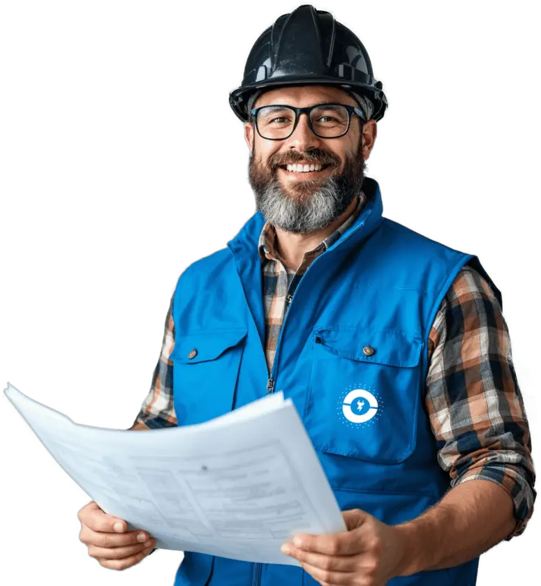 Engenheiro especialista em energia solar, com uniforme da Planeta Energy, segurando documentos nas mãos.